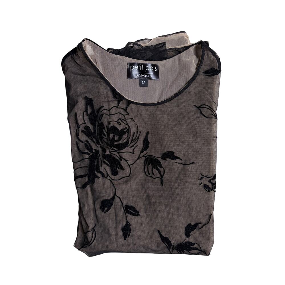 Petit Pois by Viviana G Sheer Floral Long-Sleeve Shirt (Black) - M